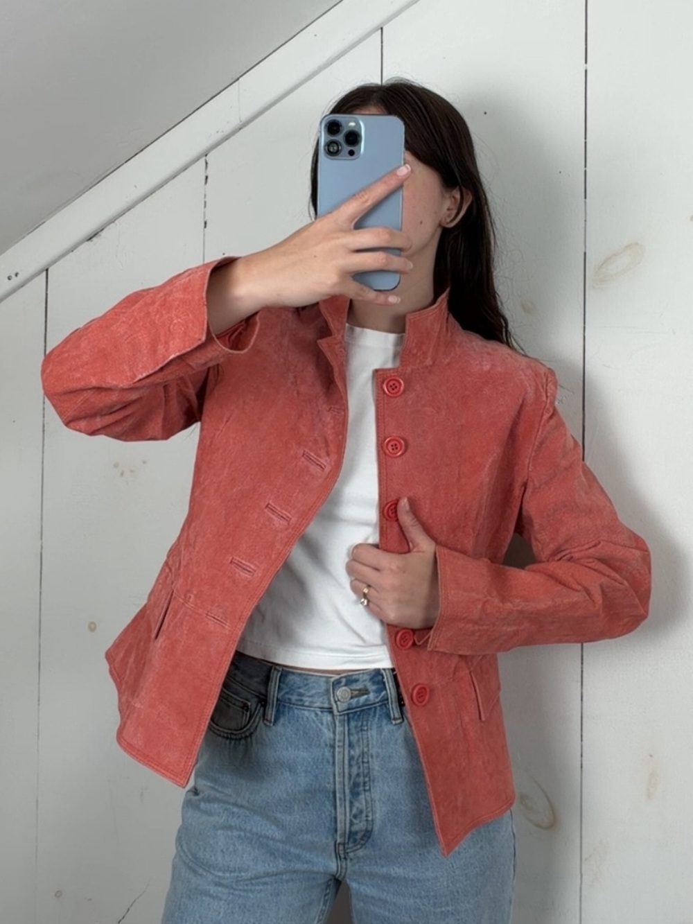NWT Salmon Pink Suede Leather Button‎ Up Jacket Women’s 10 M Mandarin Collar Y2K